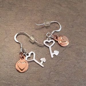 Sterling silver tiny key and heart earrings